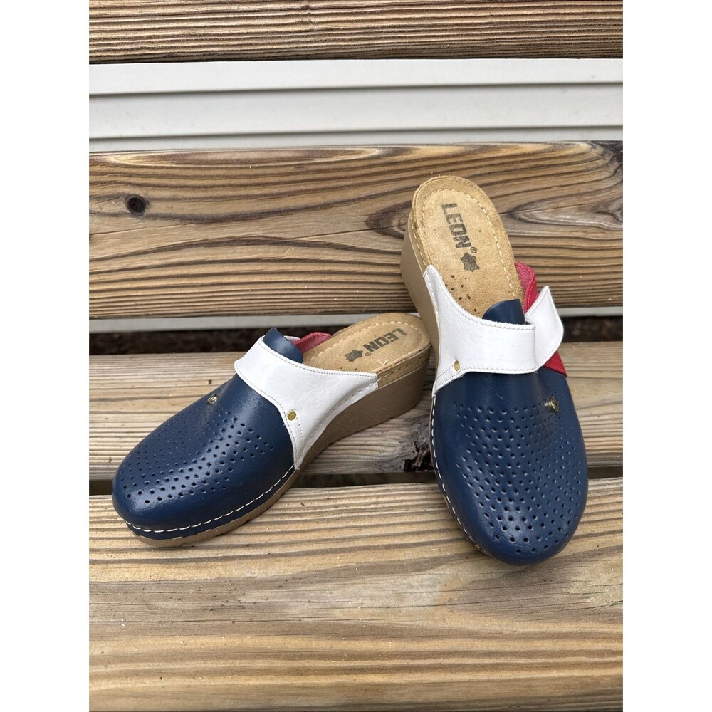 LEON Leather Comfort Clogs EU 40 US 9 Slip On Wedge Red White Blue